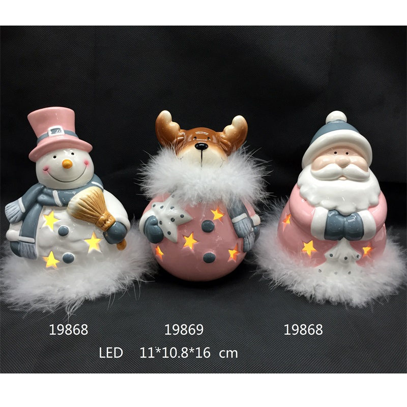 Seramik Santa ve Kardan Adam ve Geyik LED ve Tüy, Moda Renkli