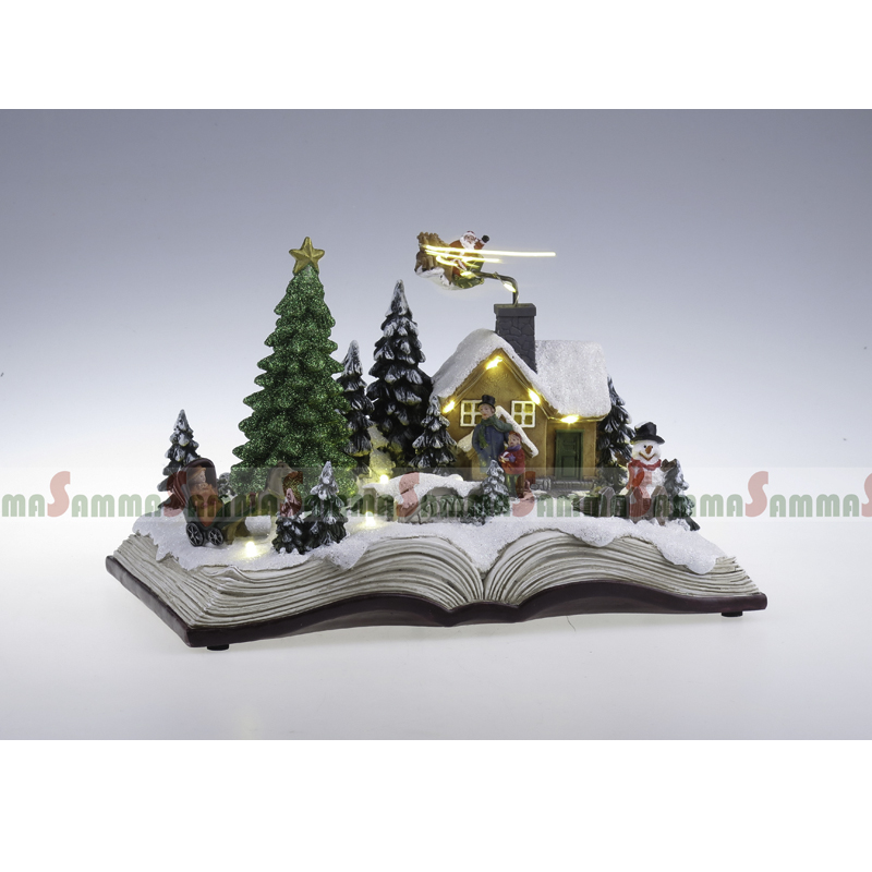 Açık Kitap Noel Sahnesi, Torna Ağacı ve Santa Kızak, LED Lit