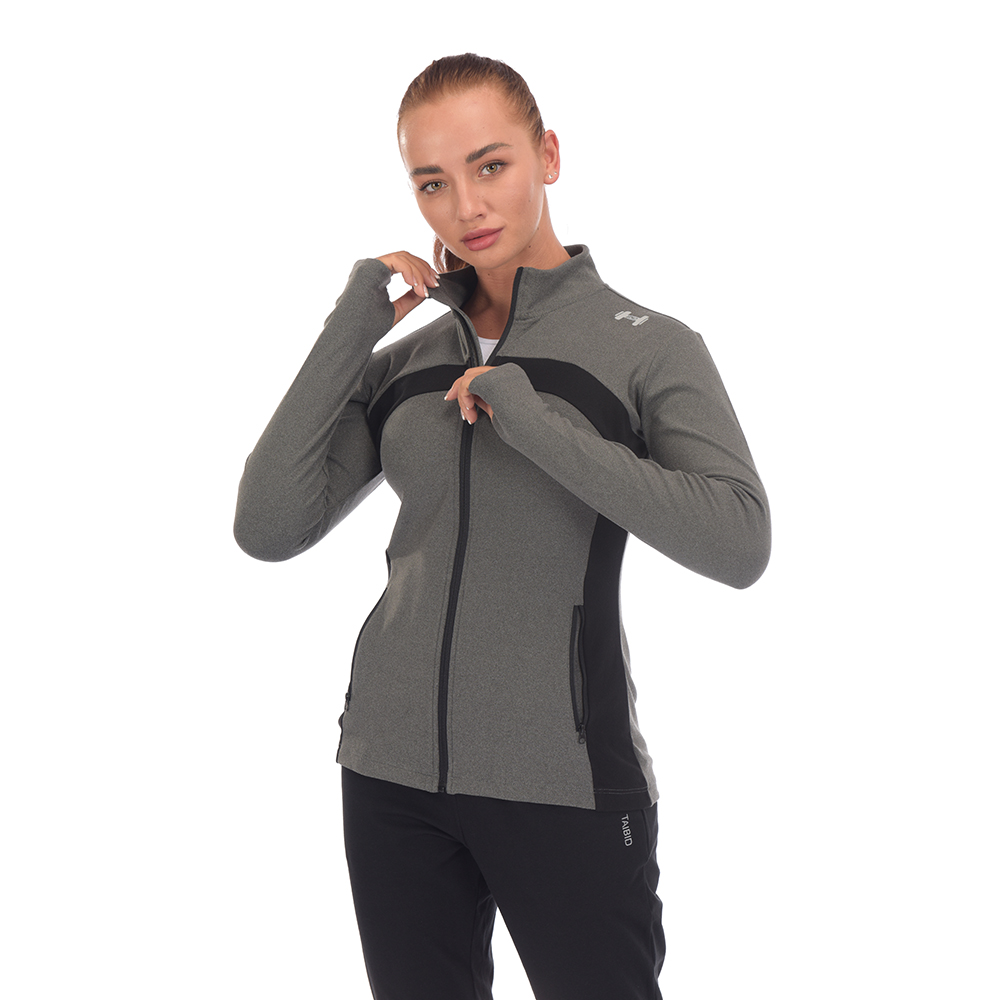 Giyim Stokları, Hazır Tedarikçi Kadın Uzun Kollu Spor Fermuarlı Koşu Tişörtleri Siyah/Gri